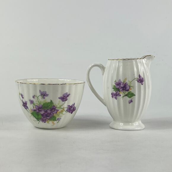 Vintage Radfords Bone China Creamer Sugar Bowl Set Purple Violets Floral England - Picture 3 of 16